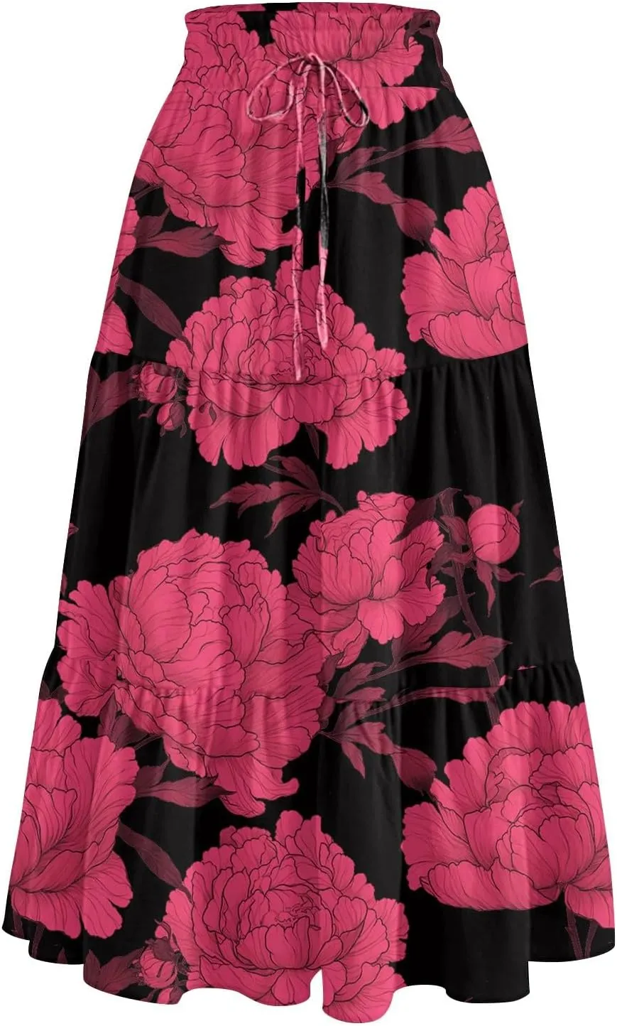 Midi Boho Floral Skirts for Women Trendy Tiered Comfy Flowy Drawstring High Elastic Waist A Line Skirt Skorts with Pockets