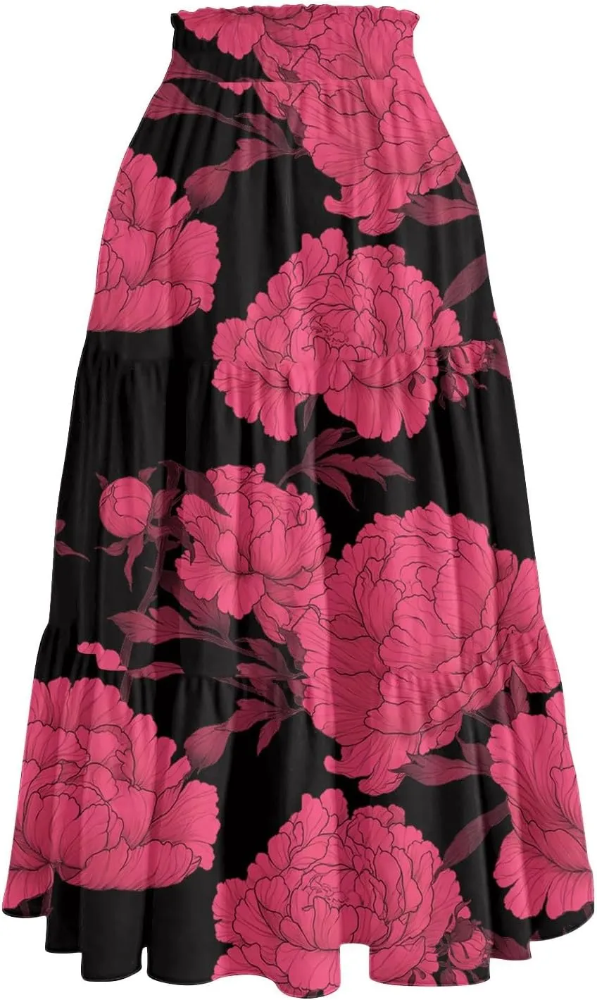 Midi Boho Floral Skirts for Women Trendy Tiered Comfy Flowy Drawstring High Elastic Waist A Line Skirt Skorts with Pockets