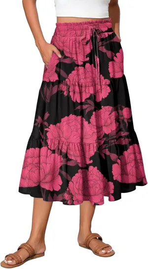Midi Boho Floral Skirts for Women Trendy Tiered Comfy Flowy Drawstring High Elastic Waist A Line Skirt Skorts with Pockets