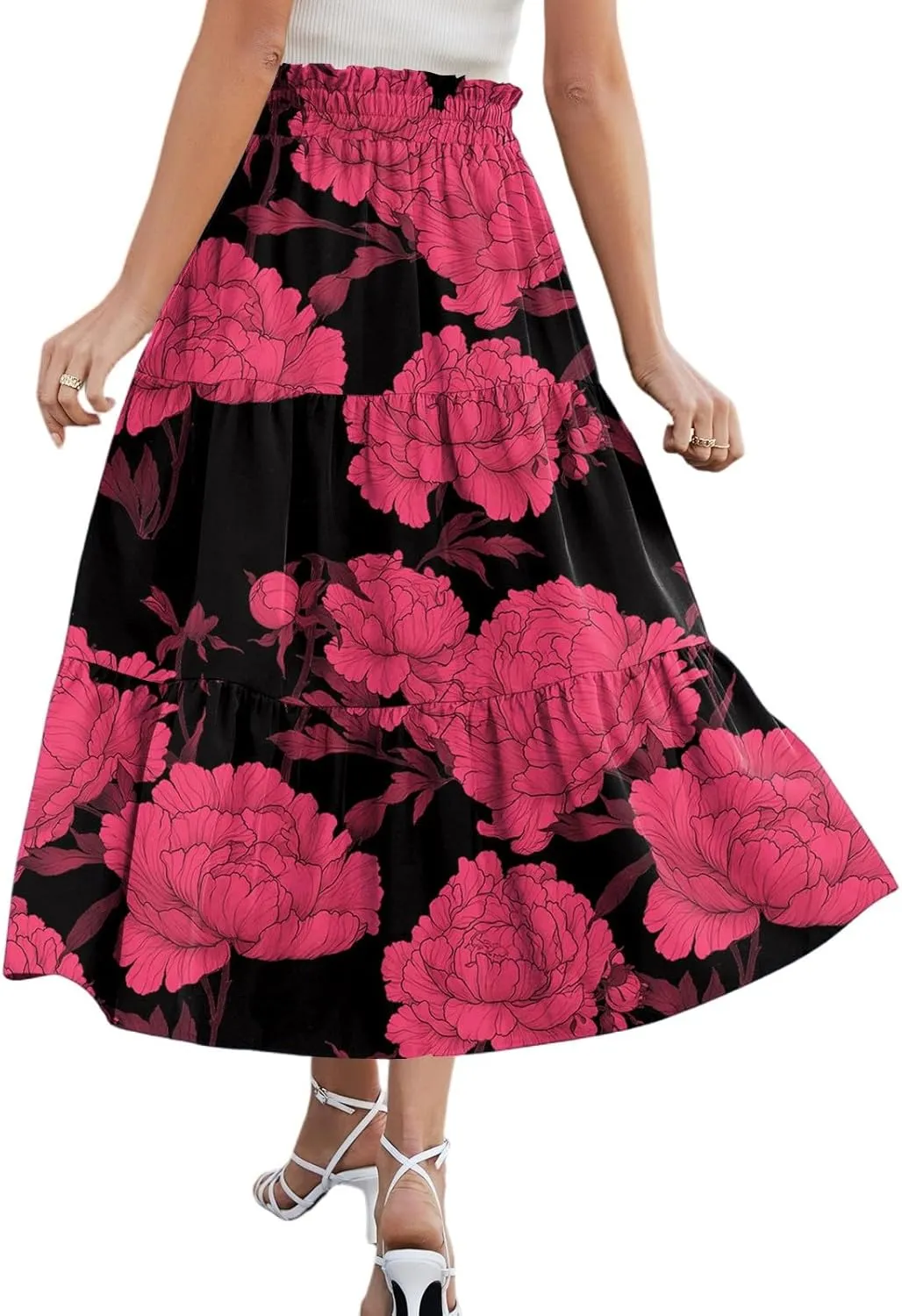 Midi Boho Floral Skirts for Women Trendy Tiered Comfy Flowy Drawstring High Elastic Waist A Line Skirt Skorts with Pockets
