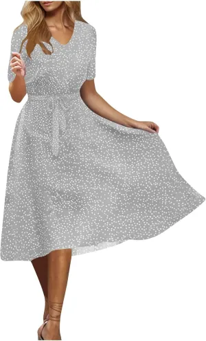 Midi Dress for Women Summer Casual Floral Short Sleeve Smocked Midi Dresses Boho V Neck Beach Sundress