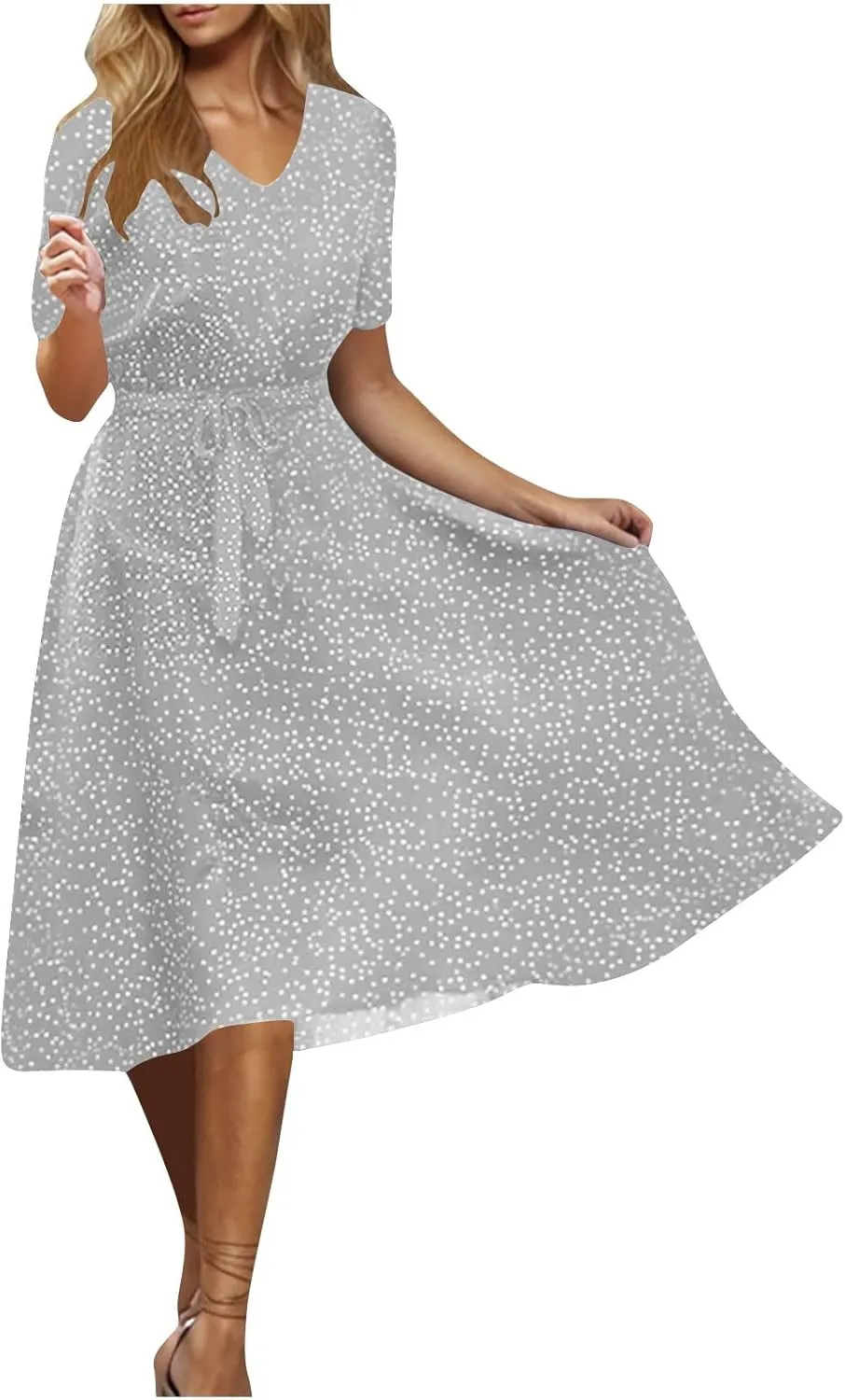Midi Dress for Women Summer Casual Floral Short Sleeve Smocked Midi Dresses Boho V Neck Beach Sundress