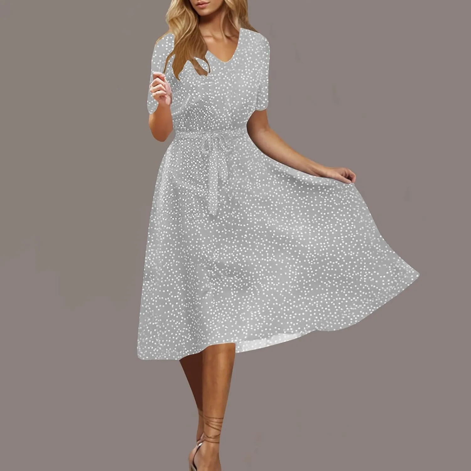 Midi Dress for Women Summer Casual Floral Short Sleeve Smocked Midi Dresses Boho V Neck Beach Sundress