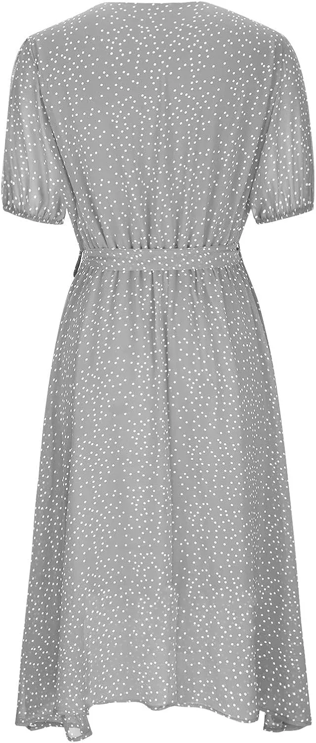 Midi Dress for Women Summer Casual Floral Short Sleeve Smocked Midi Dresses Boho V Neck Beach Sundress