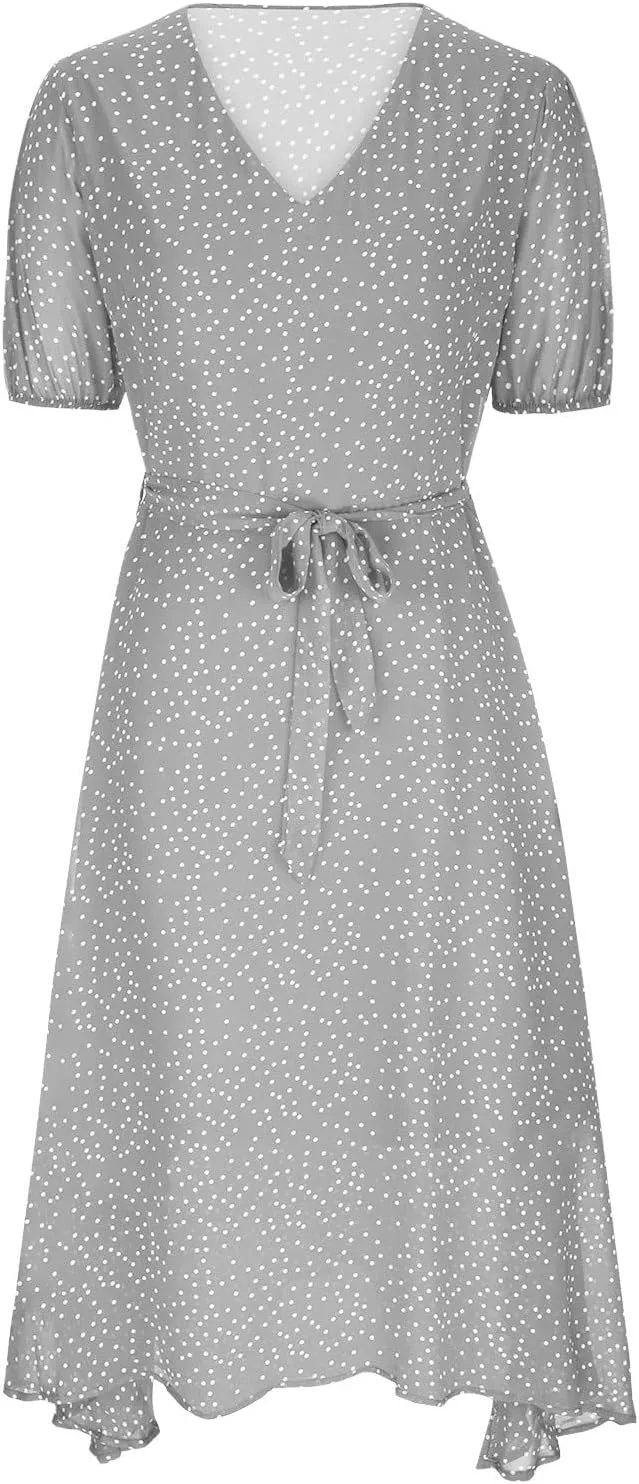 Midi Dress for Women Summer Casual Floral Short Sleeve Smocked Midi Dresses Boho V Neck Beach Sundress