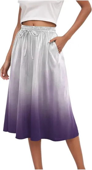Rvidbe Skirts for Women Midi Length Summer Pleated High Waisted Casual Below Knee Skirts with Pockets Vacation A-Line Skirts