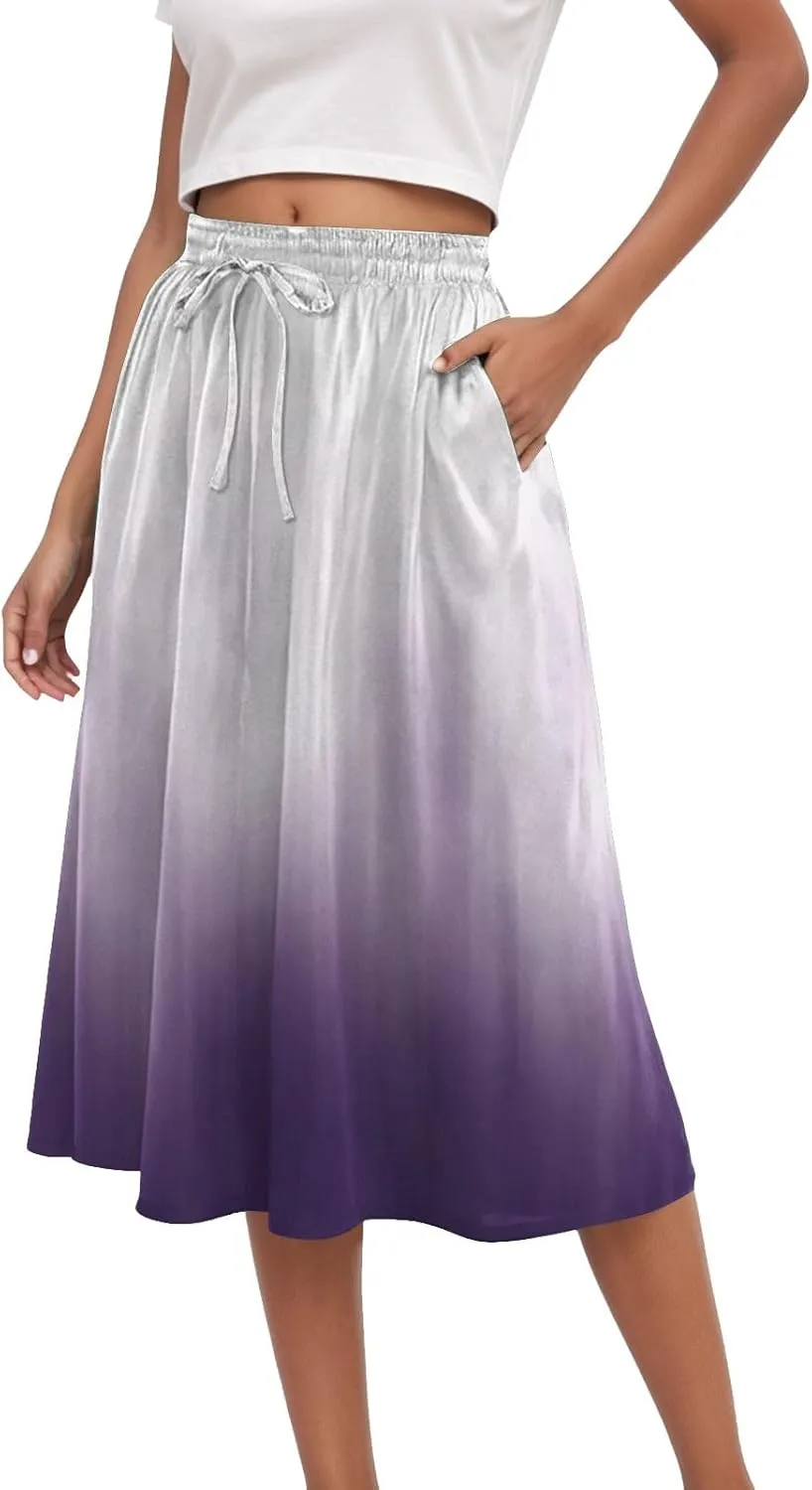 Rvidbe Skirts for Women Midi Length Summer Pleated High Waisted Casual Below Knee Skirts with Pockets Vacation A-Line Skirts