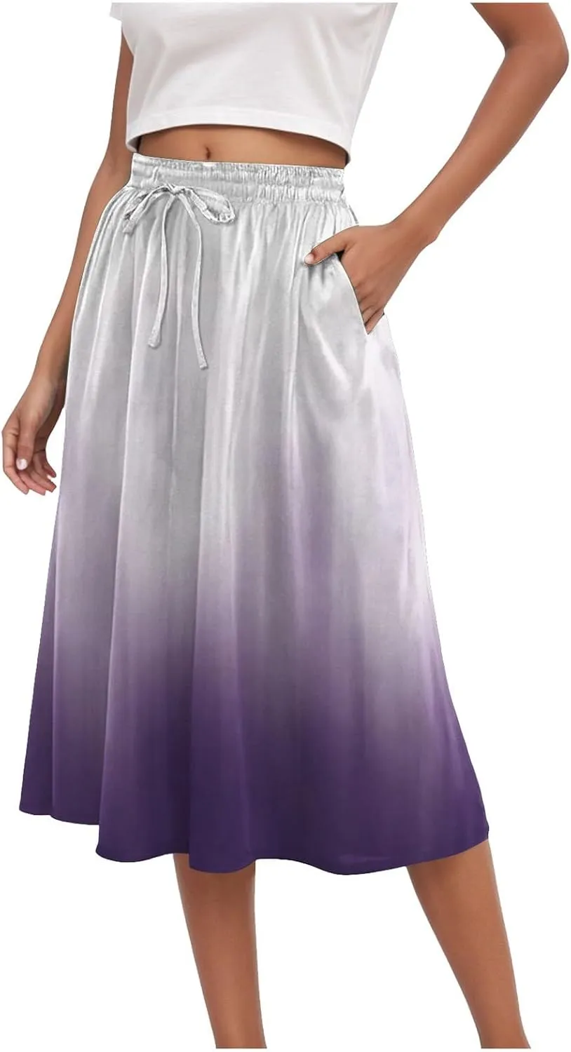 Rvidbe Skirts for Women Midi Length Summer Pleated High Waisted Casual Below Knee Skirts with Pockets Vacation A-Line Skirts