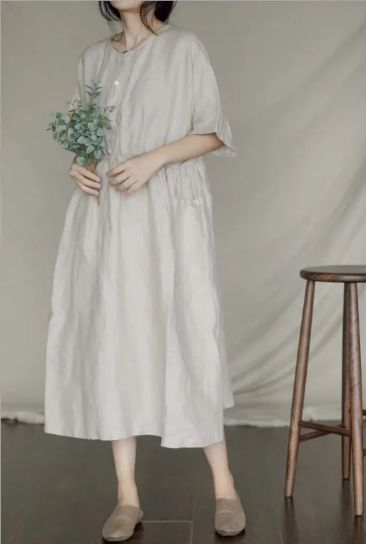 Shirt Button Short Sleeve Midi Women Linen Dresses LPP97142