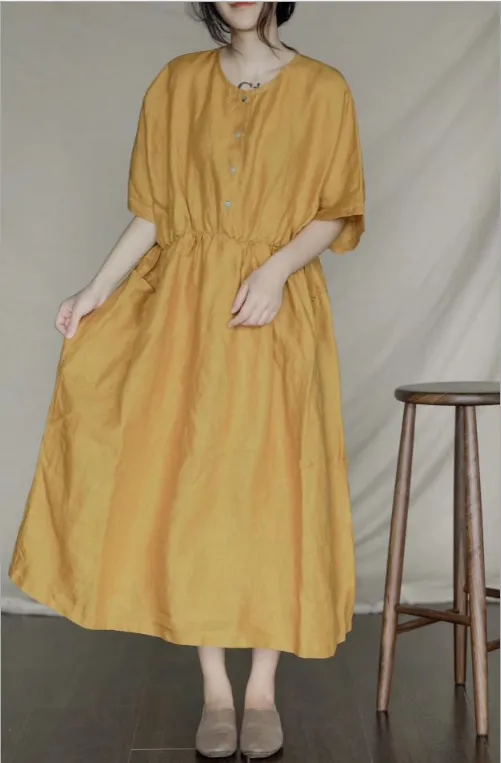Shirt Button Short Sleeve Midi Women Linen Dresses LPP97142