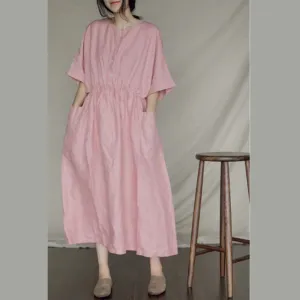 Shirt Button Short Sleeve Midi Women Linen Dresses LPP97142