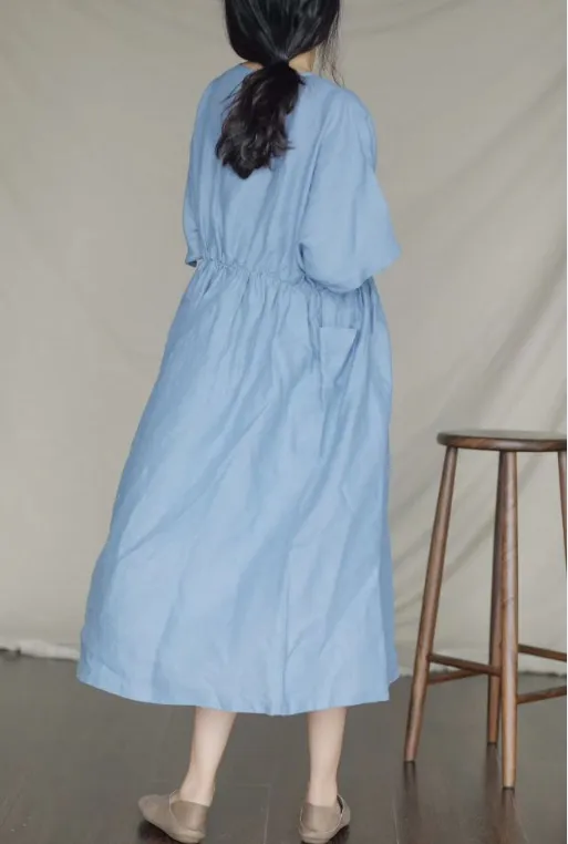 Shirt Button Short Sleeve Midi Women Linen Dresses LPP97142