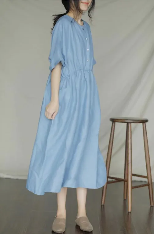 Shirt Button Short Sleeve Midi Women Linen Dresses LPP97142