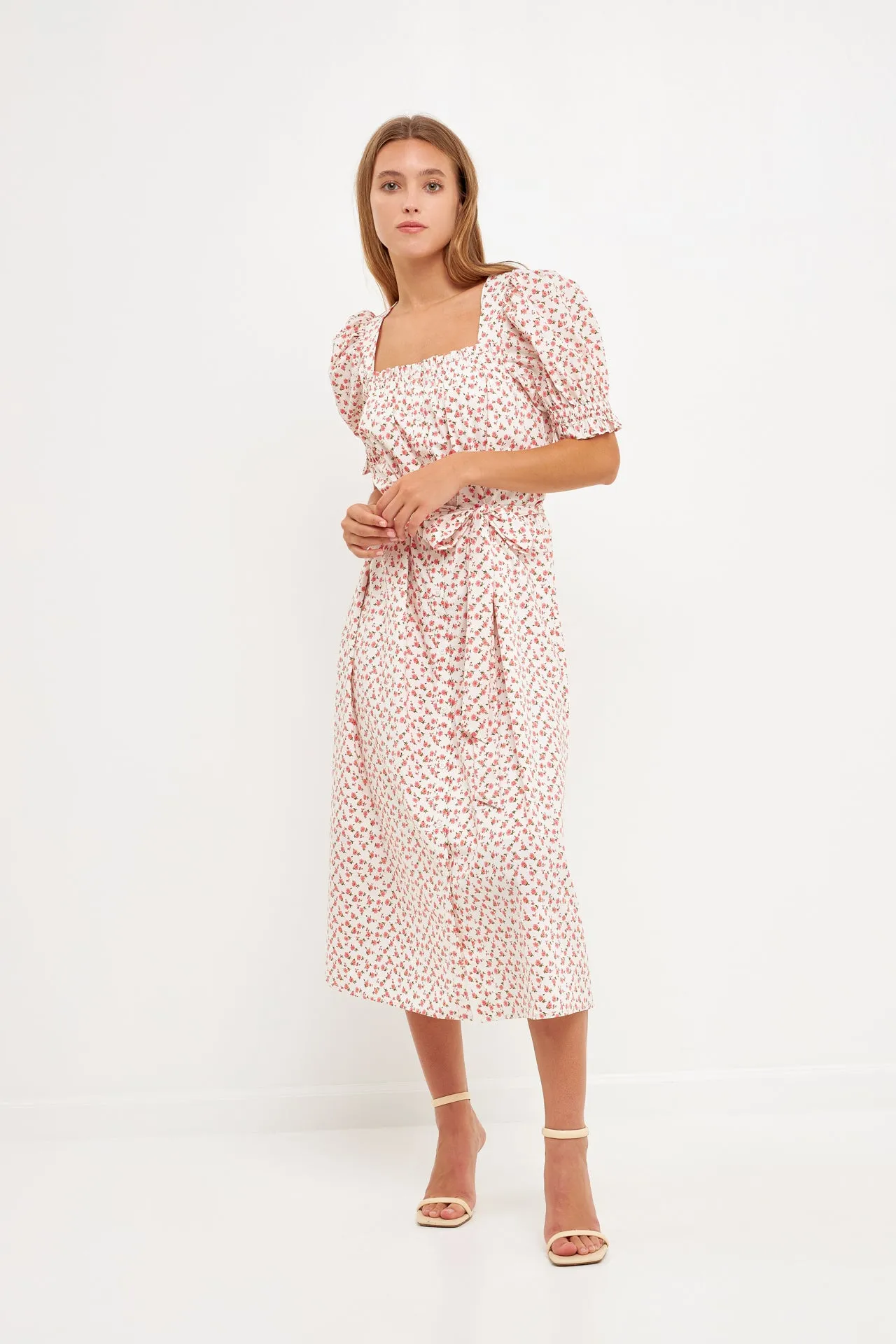 Short Puff Sleeve Floral Midi Dress