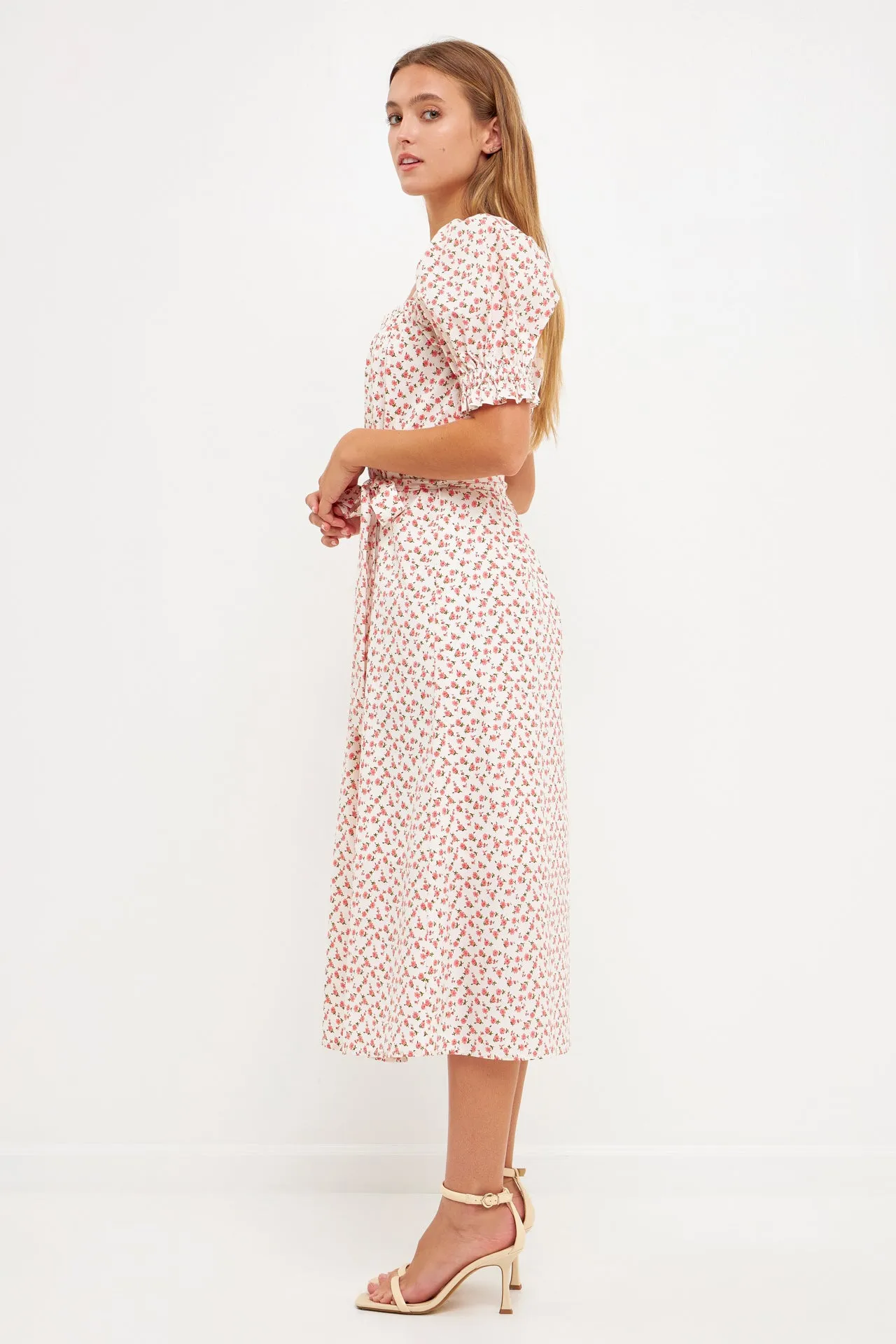 Short Puff Sleeve Floral Midi Dress