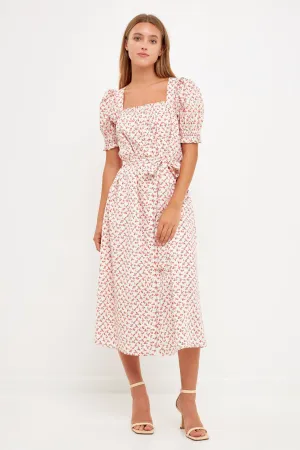 Short Puff Sleeve Floral Midi Dress