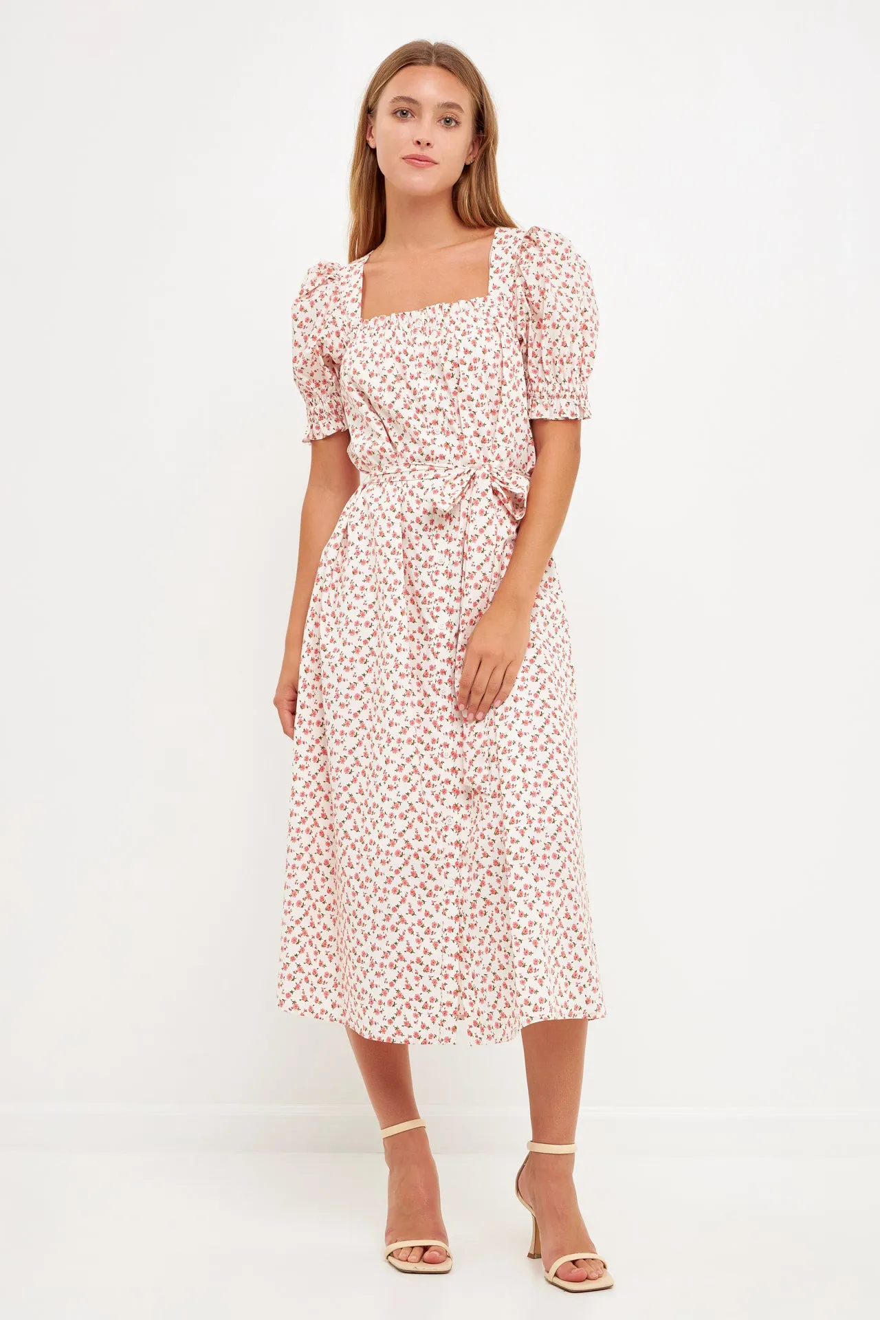 Short Puff Sleeve Floral Midi Dress