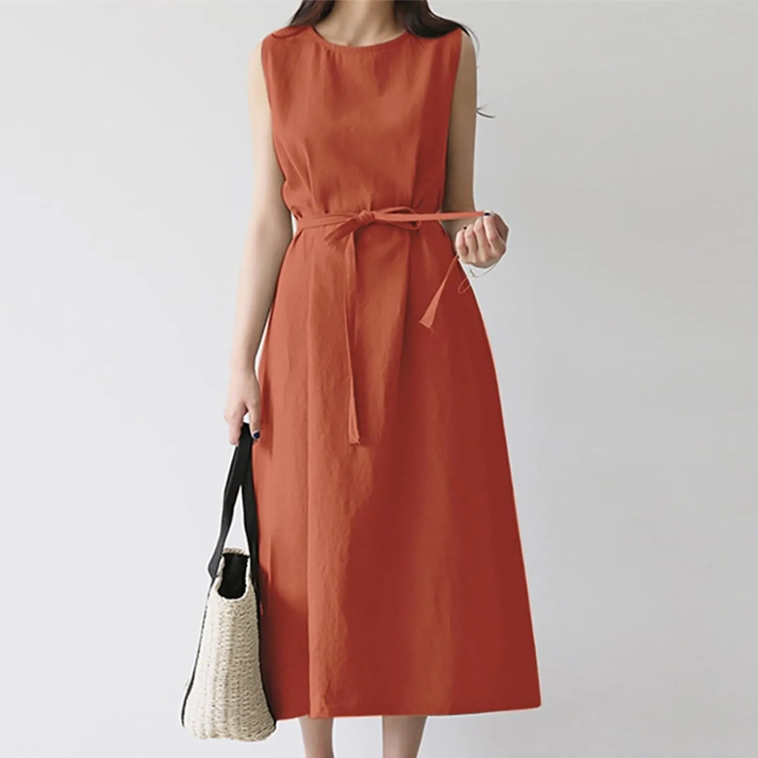 Short Sleeve Floral Dress Comfy Midi Dresss Summer Crewneck Tie Waist Solid Beach Tank Dress Long Dresses Spring