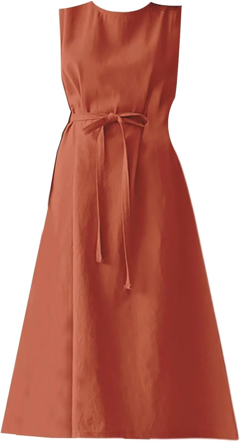 Short Sleeve Floral Dress Comfy Midi Dresss Summer Crewneck Tie Waist Solid Beach Tank Dress Long Dresses Spring