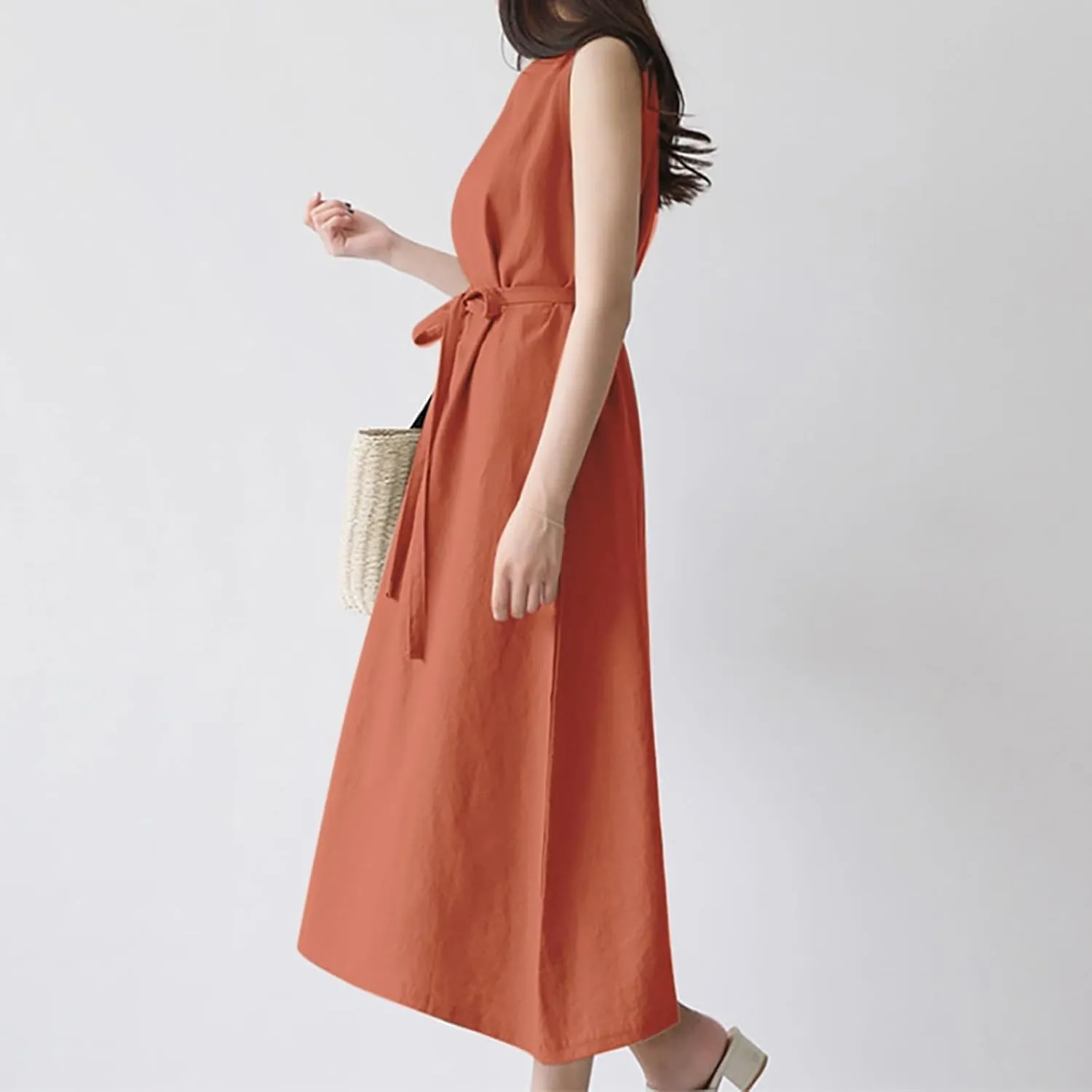 Short Sleeve Floral Dress Comfy Midi Dresss Summer Crewneck Tie Waist Solid Beach Tank Dress Long Dresses Spring