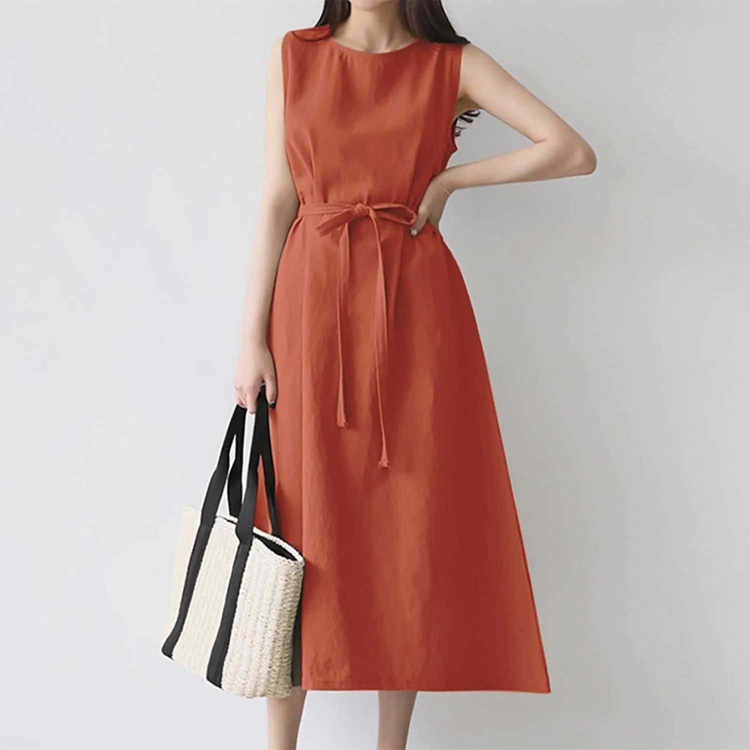 Short Sleeve Floral Dress Comfy Midi Dresss Summer Crewneck Tie Waist Solid Beach Tank Dress Long Dresses Spring