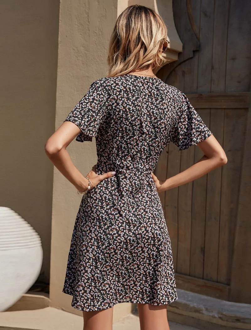 Summer Elegant A Line Dress V Neck Floral Print Mini Dress Flare Short Sleeve Button Party Dress