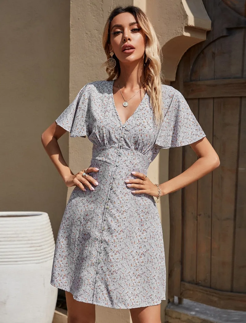 Summer Elegant A Line Dress V Neck Floral Print Mini Dress Flare Short Sleeve Button Party Dress