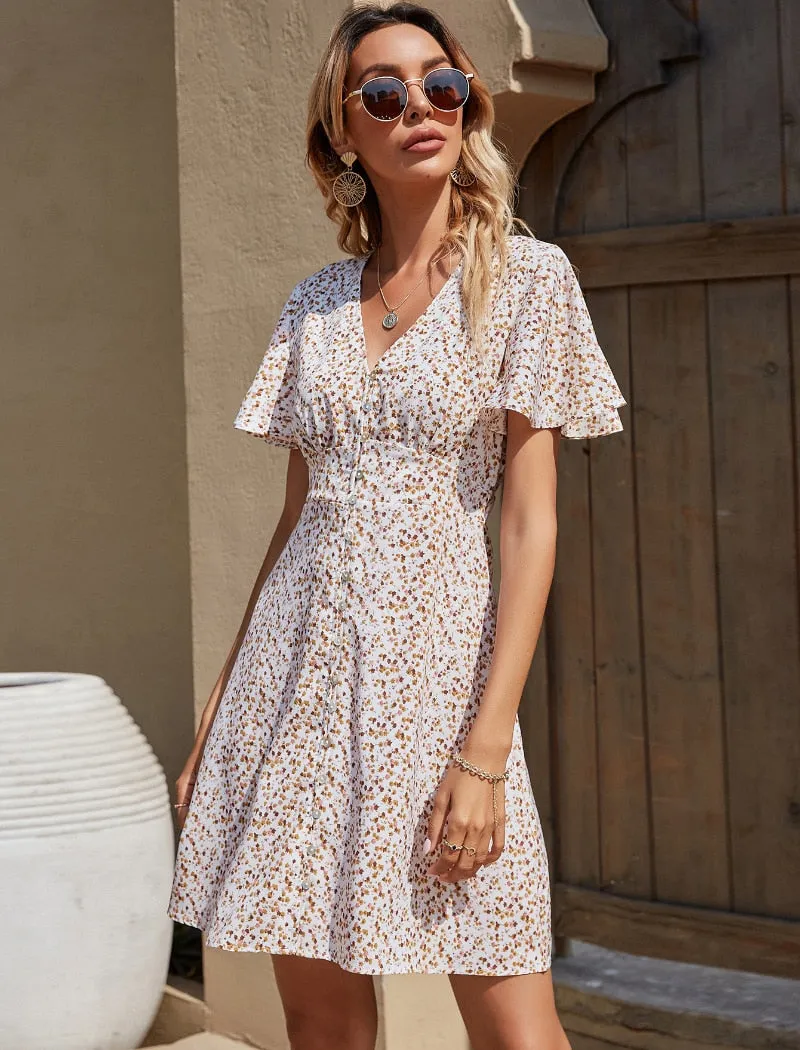 Summer Elegant A Line Dress V Neck Floral Print Mini Dress Flare Short Sleeve Button Party Dress