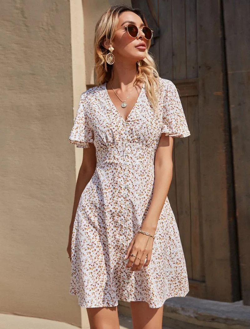 Summer Elegant A Line Dress V Neck Floral Print Mini Dress Flare Short Sleeve Button Party Dress