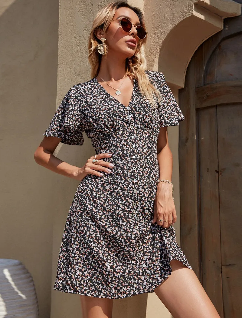 Summer Elegant A Line Dress V Neck Floral Print Mini Dress Flare Short Sleeve Button Party Dress