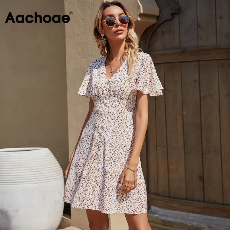 Summer Elegant A Line Dress V Neck Floral Print Mini Dress Flare Short Sleeve Button Party Dress
