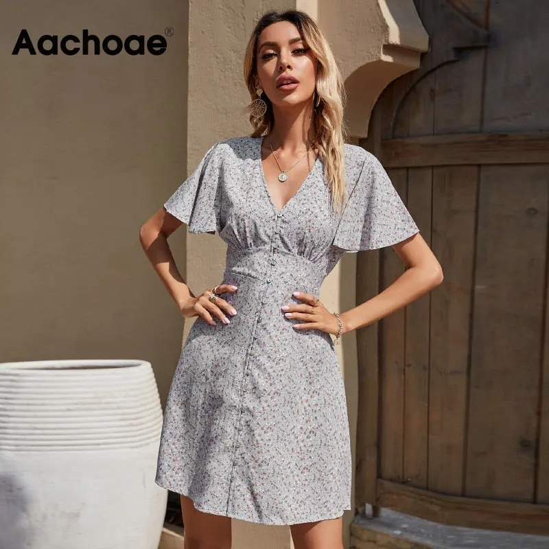 Summer Elegant A Line Dress V Neck Floral Print Mini Dress Flare Short Sleeve Button Party Dress