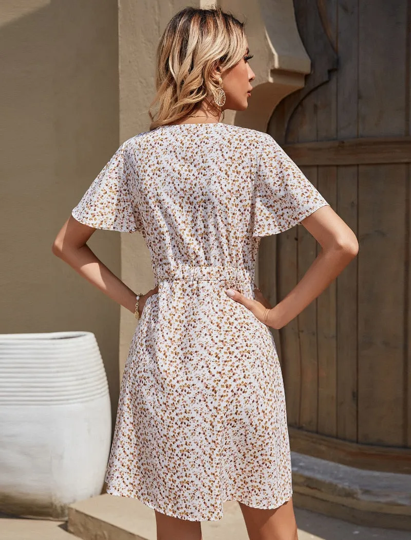 Summer Elegant A Line Dress V Neck Floral Print Mini Dress Flare Short Sleeve Button Party Dress