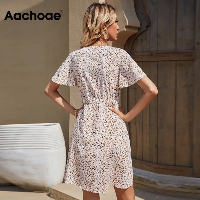 Summer Elegant A Line Dress V Neck Floral Print Mini Dress Flare Short Sleeve Button Party Dress