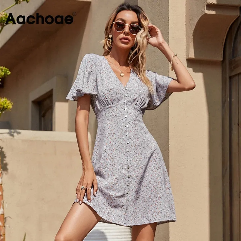 Summer Elegant A Line Dress V Neck Floral Print Mini Dress Flare Short Sleeve Button Party Dress