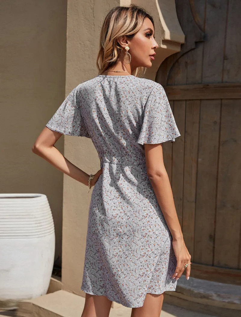 Summer Elegant A Line Dress V Neck Floral Print Mini Dress Flare Short Sleeve Button Party Dress