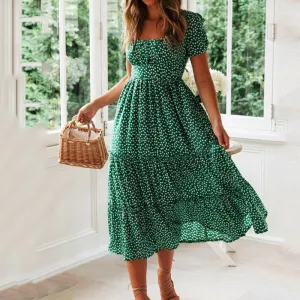 Summer Spring Floral Print Square Collar Maxi Dresses