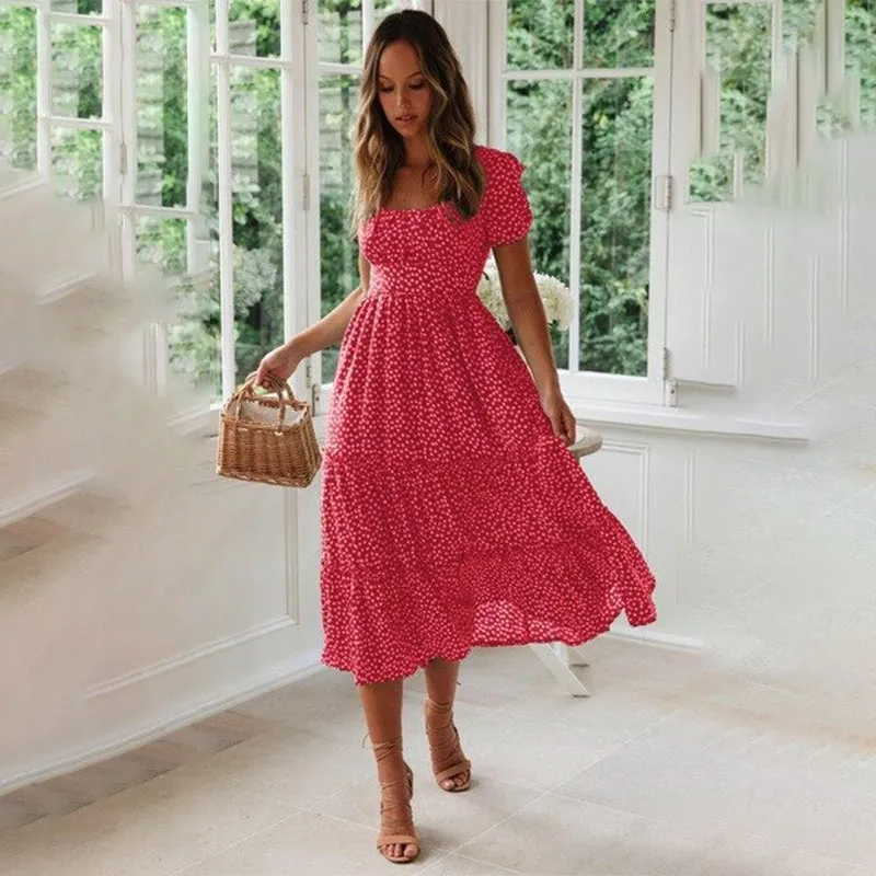 Summer Spring Floral Print Square Collar Maxi Dresses