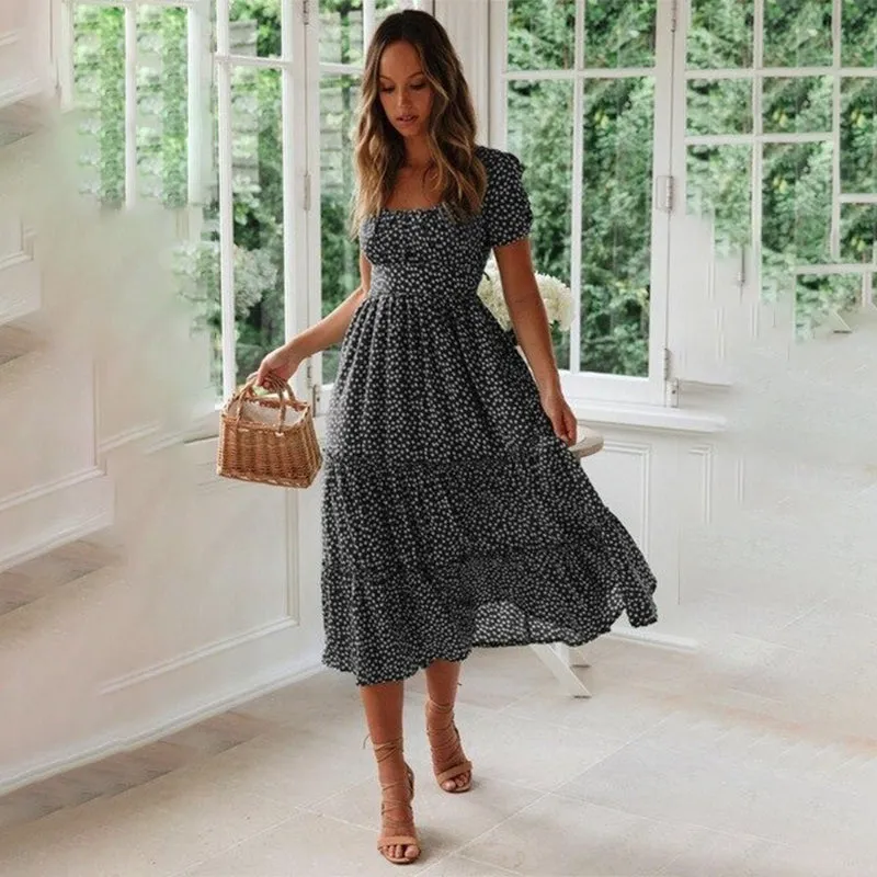 Summer Spring Floral Print Square Collar Maxi Dresses