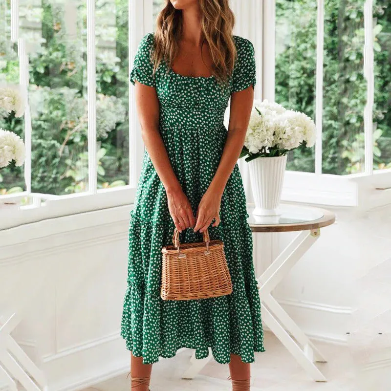 Summer Spring Floral Print Square Collar Maxi Dresses