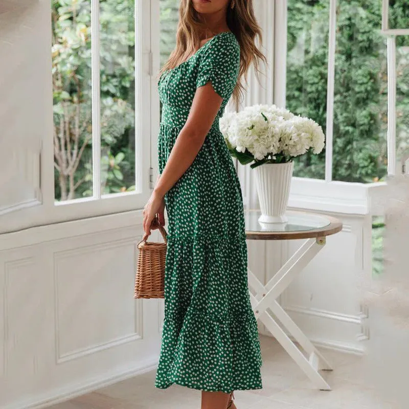 Summer Spring Floral Print Square Collar Maxi Dresses