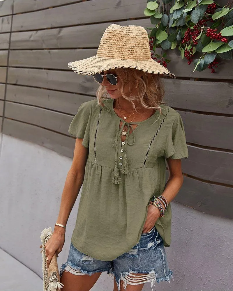 Tie Neck Flowy Sleeve Blouse