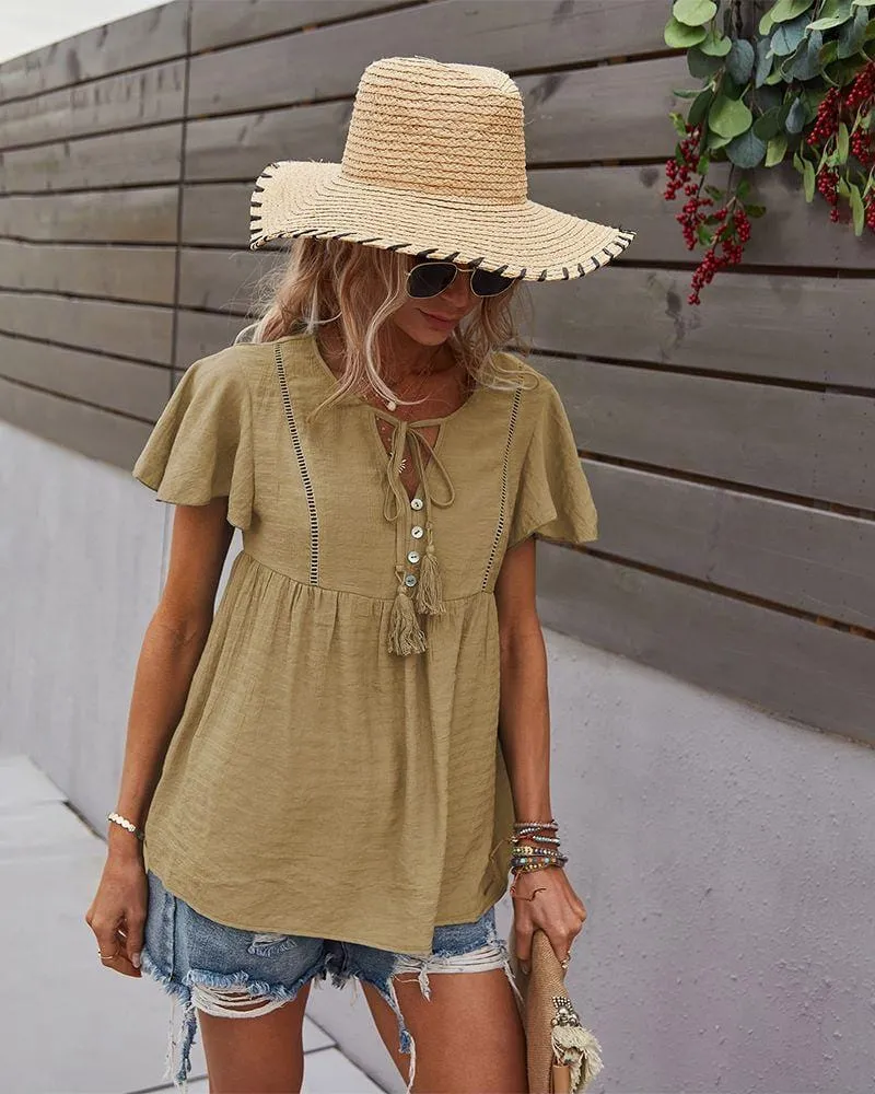 Tie Neck Flowy Sleeve Blouse
