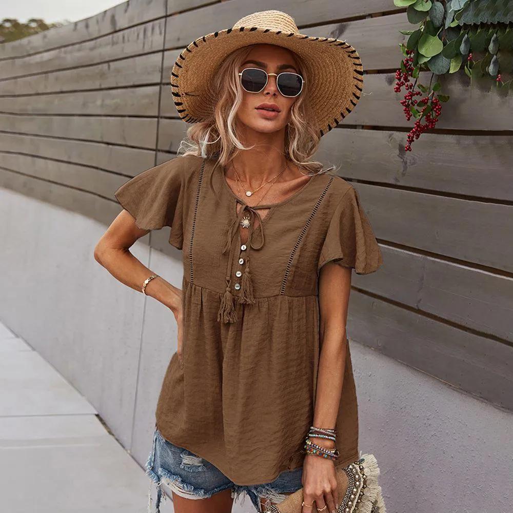 Tie Neck Flowy Sleeve Blouse