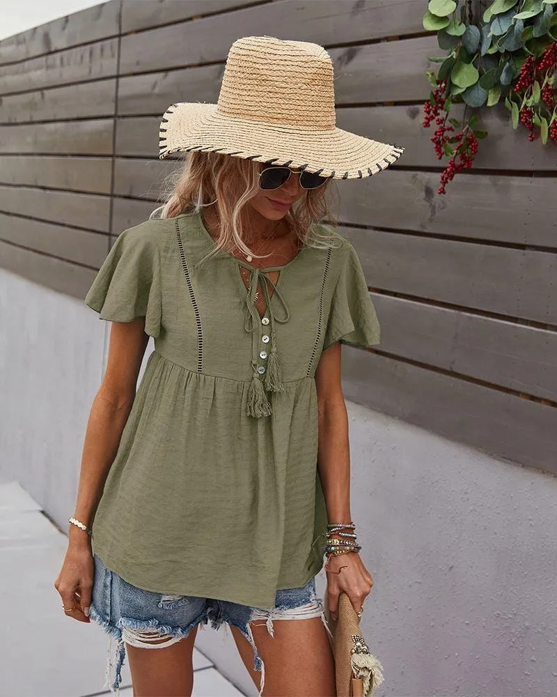 Tie Neck Flowy Sleeve Blouse
