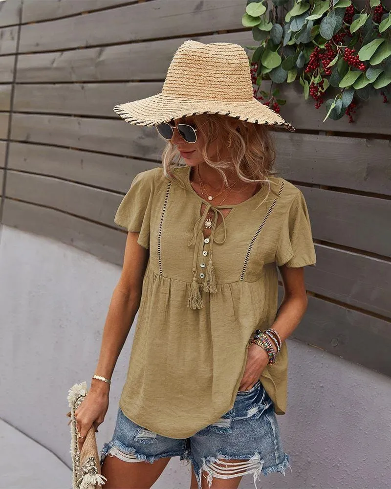 Tie Neck Flowy Sleeve Blouse