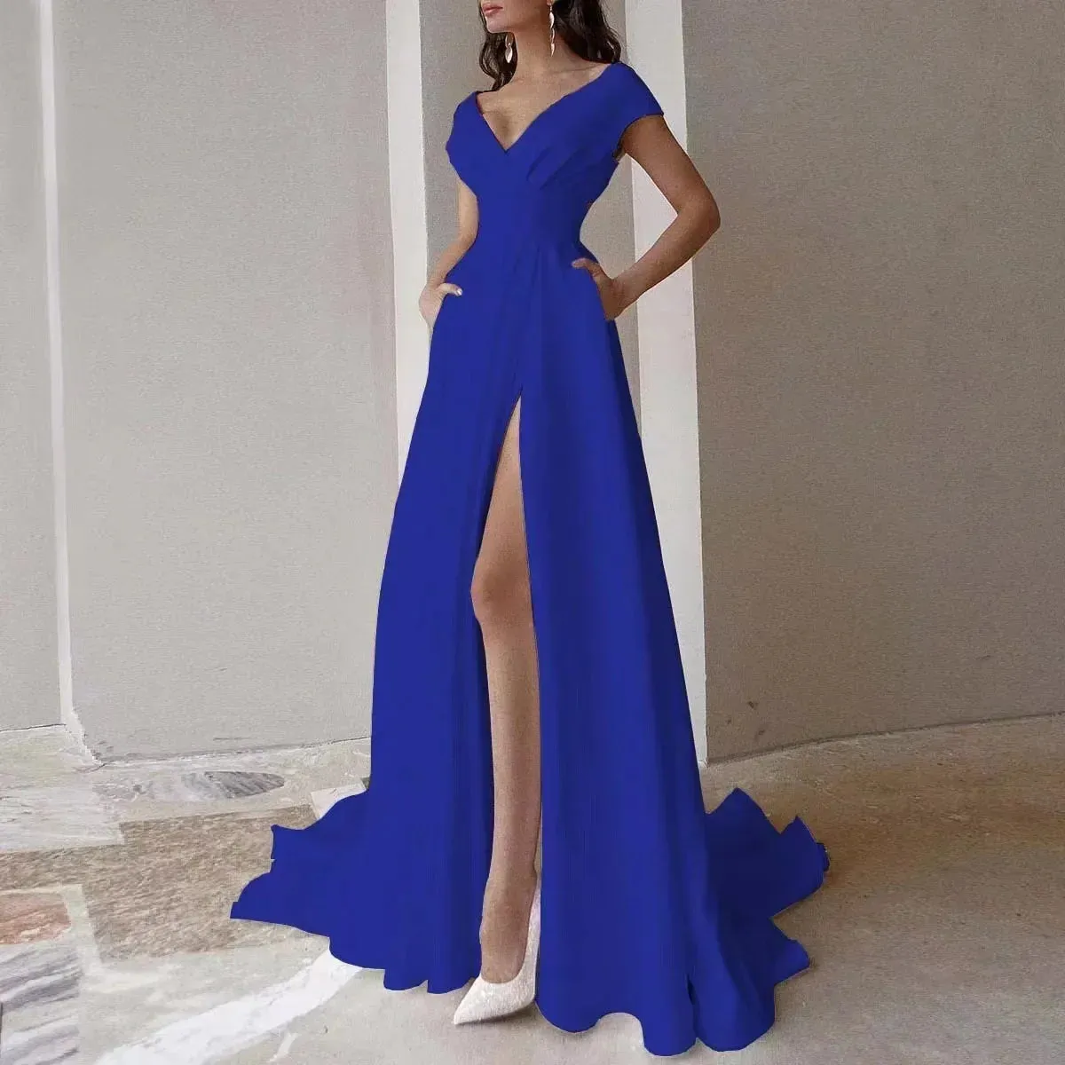 V-neck Ruffled Evening Long High Waist Elegant Party 2024 New Sexy Irregular Solid Graduation Prom Dress