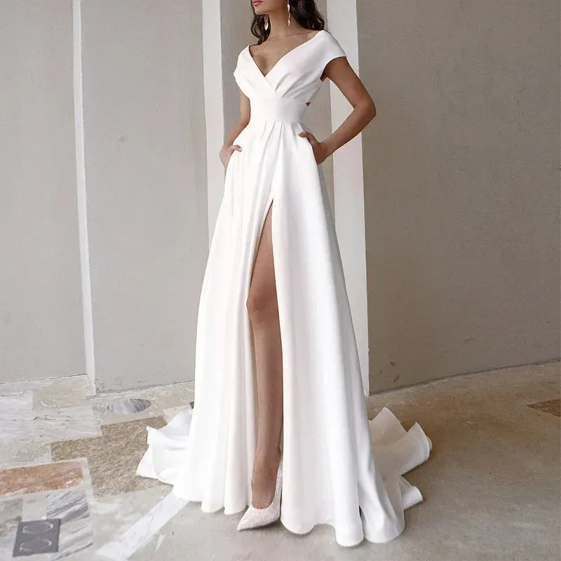 V-neck Ruffled Evening Long High Waist Elegant Party 2024 New Sexy Irregular Solid Graduation Prom Dress