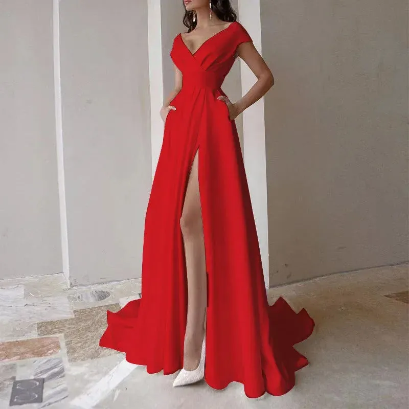 V-neck Ruffled Evening Long High Waist Elegant Party 2024 New Sexy Irregular Solid Graduation Prom Dress