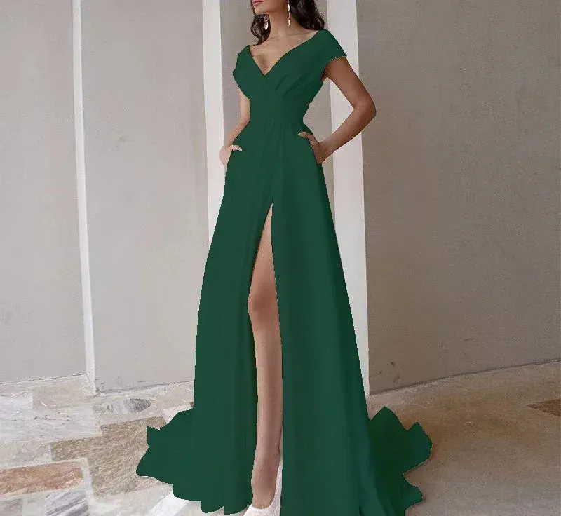 V-neck Ruffled Evening Long High Waist Elegant Party 2024 New Sexy Irregular Solid Graduation Prom Dress